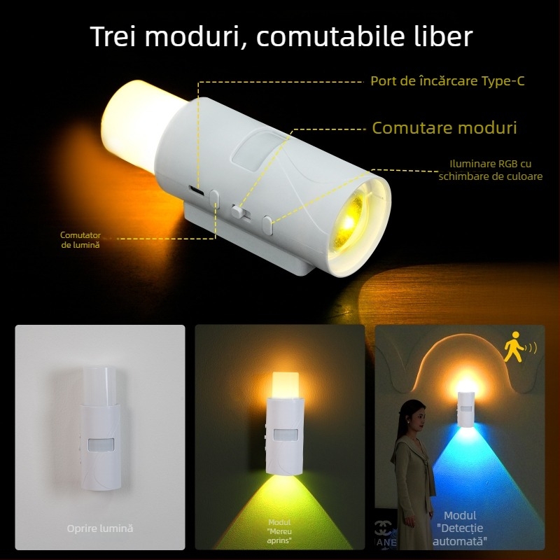 Lumină ambientală RGB inteligentă pentru noapte cu senzor de mișcare, intensitate reglabilă, lampă de perete lângă pat și lumină de hol