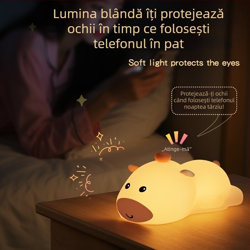 Lampă de noapte din silicon Capybara, USB încărcabilă, pentru dormitor și hrănire bebeluș, schimbare de culoare, ornament decorativ