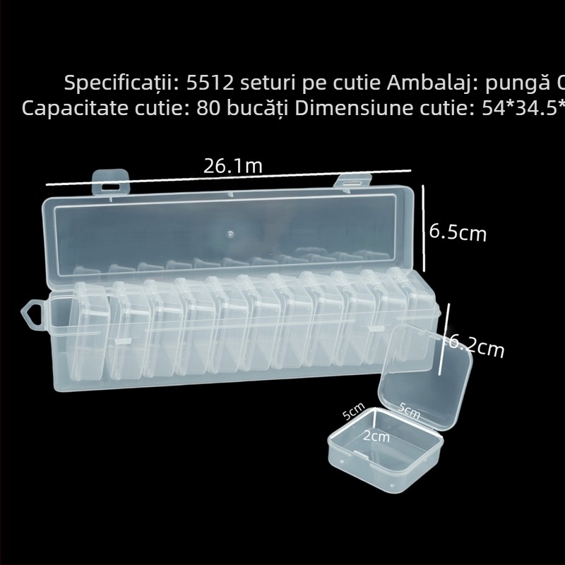 Cutie transparentă din plastic pentru depozitare, set de 12, cu compartimente pentru unelte de manichiură DIY, dimensiune 5,5 cm