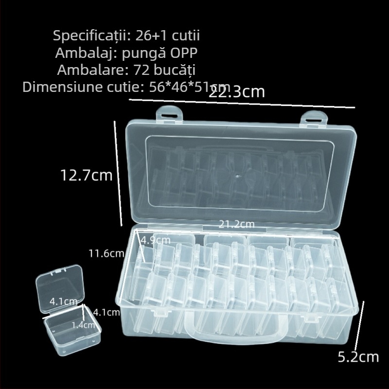 Set de 26 cutii transparente din plastic PP pentru depozitarea uneltelor, pătrate, pentru organizarea uneltelor, burghie, piese pentru manichiură și hardware