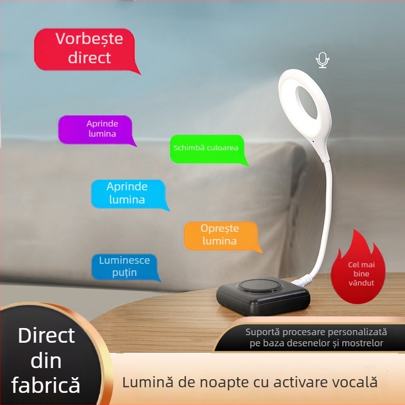 Lumină de noapte inteligentă cu control vocal pentru dormitor, lampă ambientală lângă pat, alimentare USB, prietenoasă cu ochii, design modern minimalist