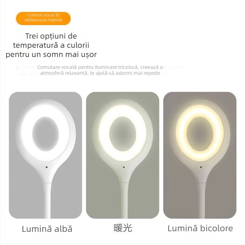 Lumină de noapte inteligentă cu control vocal pentru dormitor, lampă ambientală lângă pat, alimentare USB, prietenoasă cu ochii, design modern minimalist
