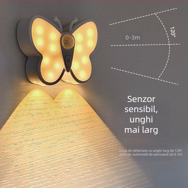 Lampă de noapte cu senzor de mișcare, încărcare magnetică și inducție wireless pentru hol și scări, în formă de fluture (efect ochi de pisică)