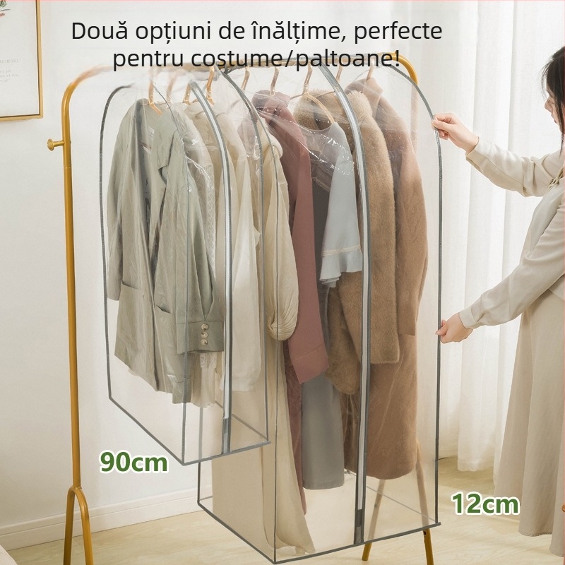 Husă transparentă de protecție a hainelor pentru garderobă, cu posibilitate de agățare sau suport pe podea, uz casnic