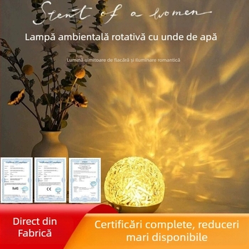 Lampa de atmosferă cu efect de valuri ale apei și aisberg, bază din lemn premium și proiecție dinamică a luminii și umbrelor