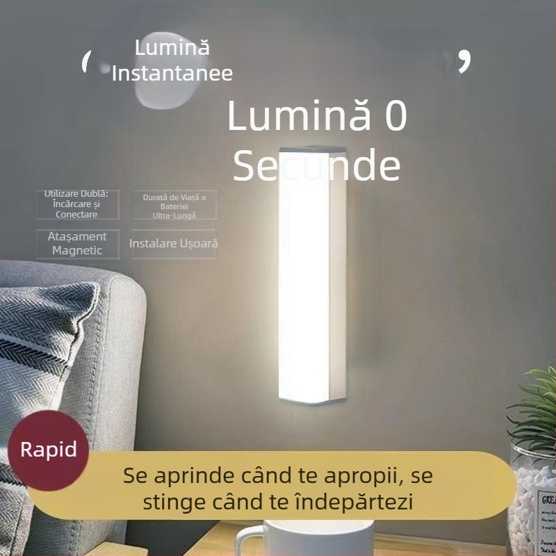 Lumină de noapte LED cu senzor pentru cămin, lângă pat, activare prin mișcare, pentru coridor și baie, alimentare cu baterie încorporată