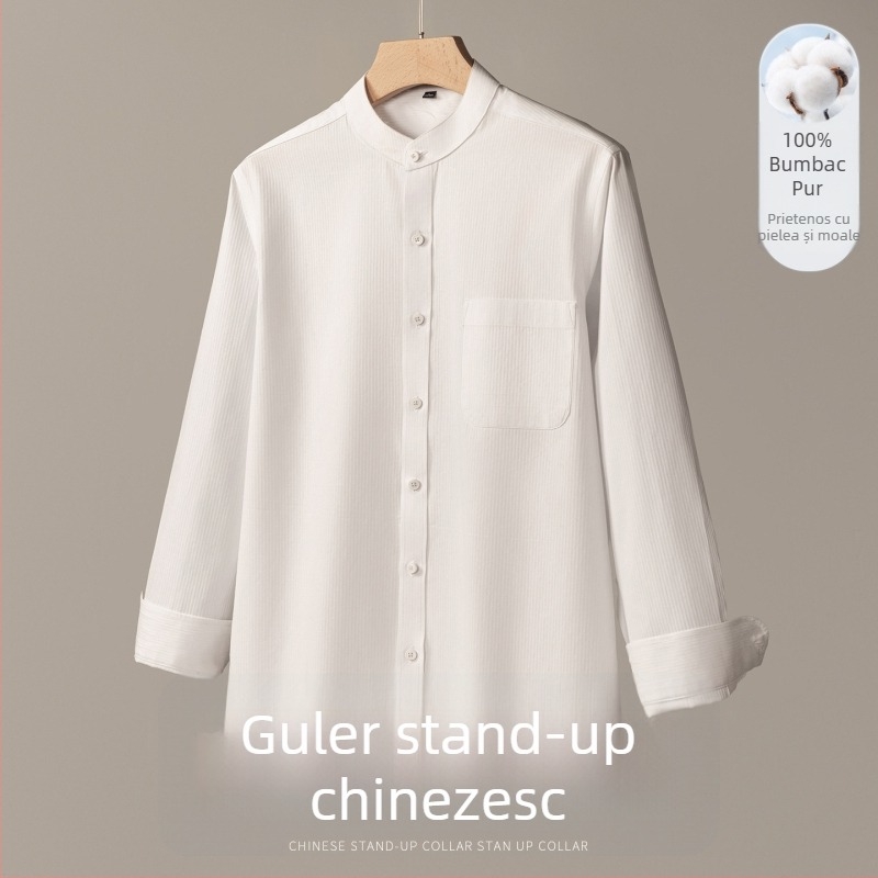 Cămașă bărbați din bumbac cu guler înalt, mânecă lungă, culoare solidă, casual, croială slim, pentru primăvară și toamnă