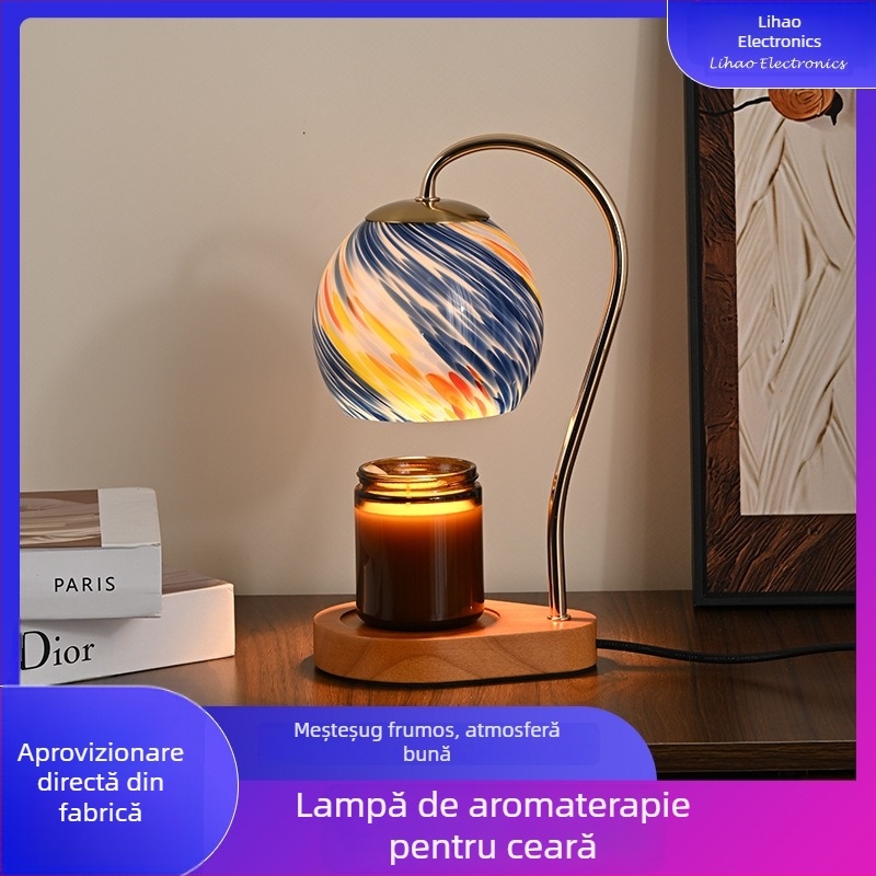 Lampă de aromaterapie în stil european minimalist pentru topirea cerii, cu design din fier și lemn, veioză de birou, lumină de noapte, fără flacără, lampă pentru ulei esențial