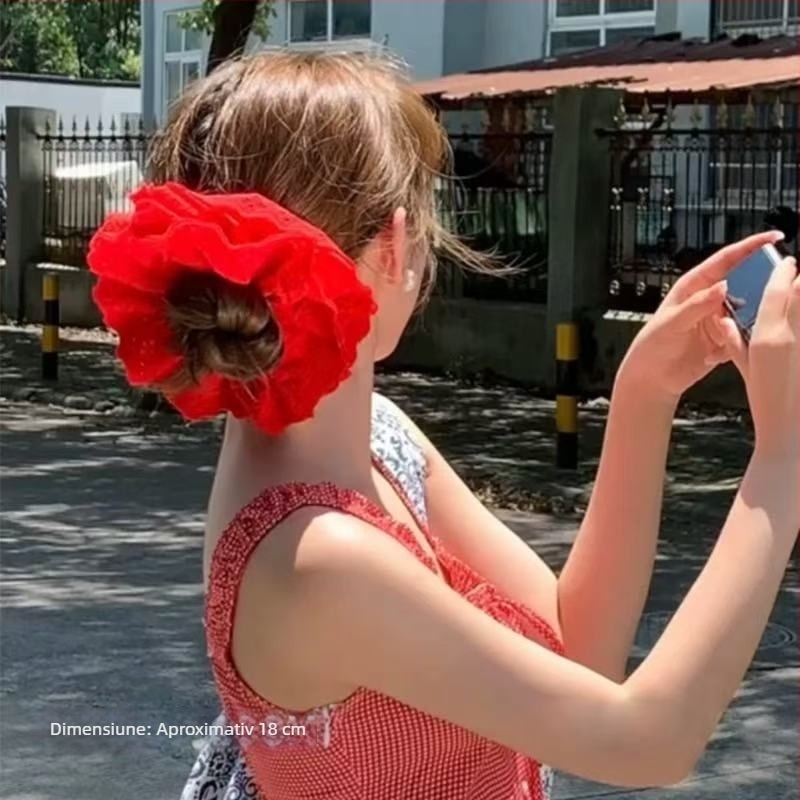 Elastic pentru păr roșu din dantelă, inspirat de Yang Chaoyue, cu model decupat, stil franțuzesc vintage, delicat, oversize