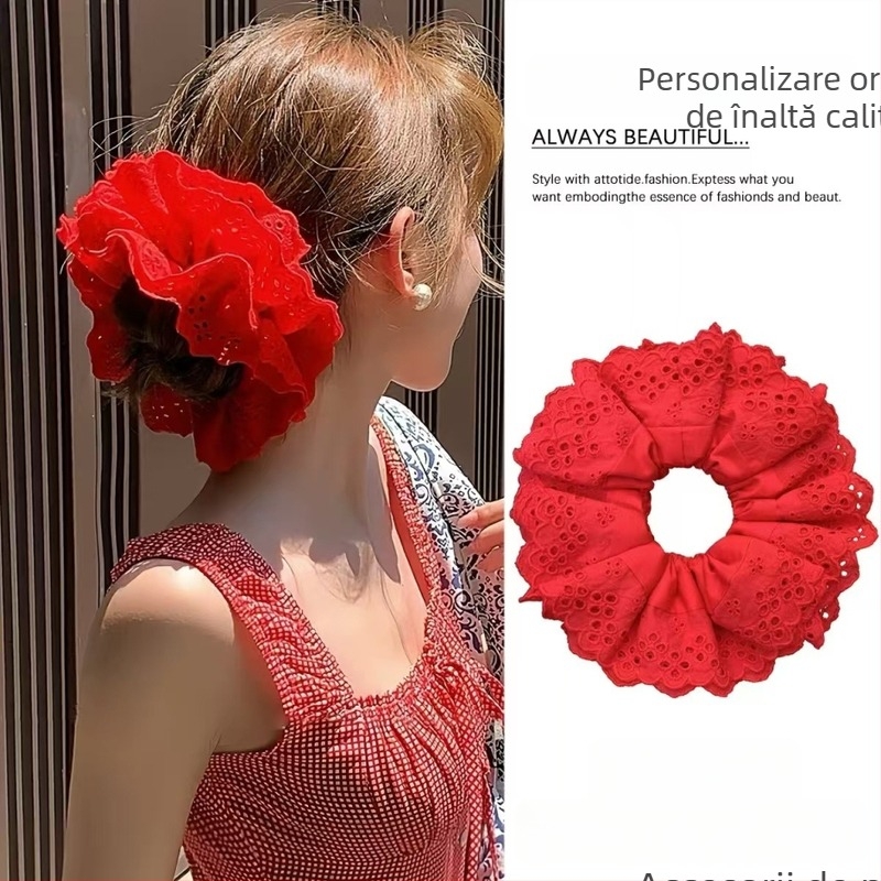 Elastic pentru păr roșu din dantelă, inspirat de Yang Chaoyue, cu model decupat, stil franțuzesc vintage, delicat, oversize