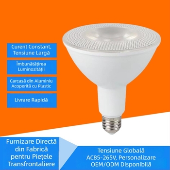 Lampa LED PAR20/PAR30/PAR38, reflector din aluminiu cu înveliș din plastic, soclu E27, tensiune 85-265V, 7/12/15/18W, 3000K/4000K/6500K, IP55