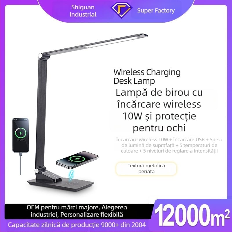 Lampă de birou LED pentru protecția ochilor, textură metalică periată, pliabilă, încărcare wireless de 10W, port USB