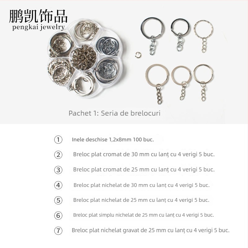 Set materiale DIY pentru bijuterii: carabină metalică lobster, inel deschis și componente pentru breloc