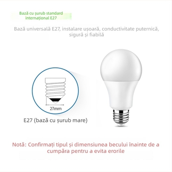 Bec LED A60, corp din aluminiu învelit în plastic, soclu E27, iluminare interioară caldă, eficiență energetică
