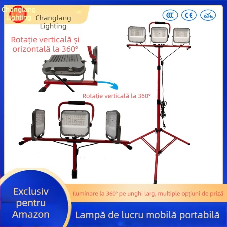 Lampă LED de lucru pentru atelier, reflector mobil pe suport triunghiular, iluminat exterior pentru construcții