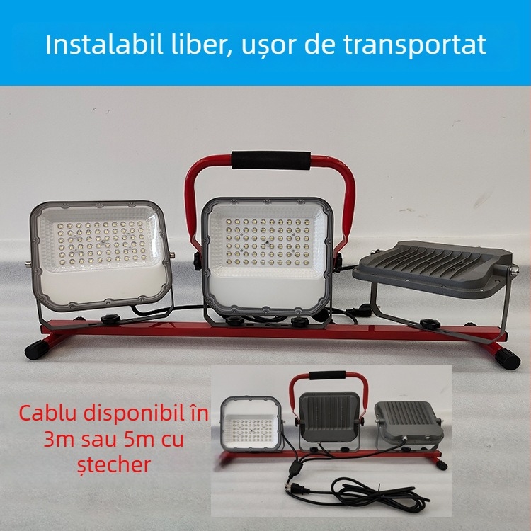Lampă LED de lucru pentru atelier, reflector mobil pe suport triunghiular, iluminat exterior pentru construcții