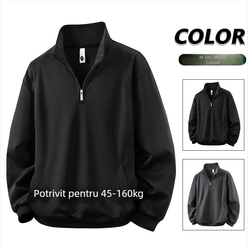 Bluza de trening pentru bărbați cu fermoar parțial, mâneci lungi, croială lejeră, 8XL