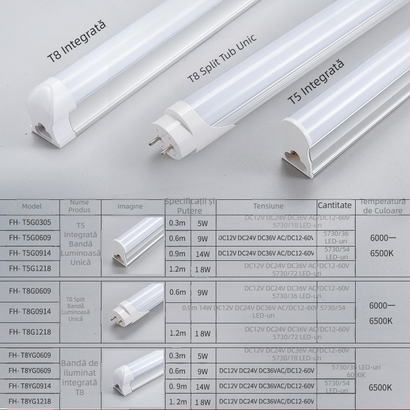 Tub LED cu tensiune redusă, intrare universală AC/DC 12–36V, corp din aluminiu-plastic integrat T5/T8, lungime 1,2 m, 18W, 72 LED