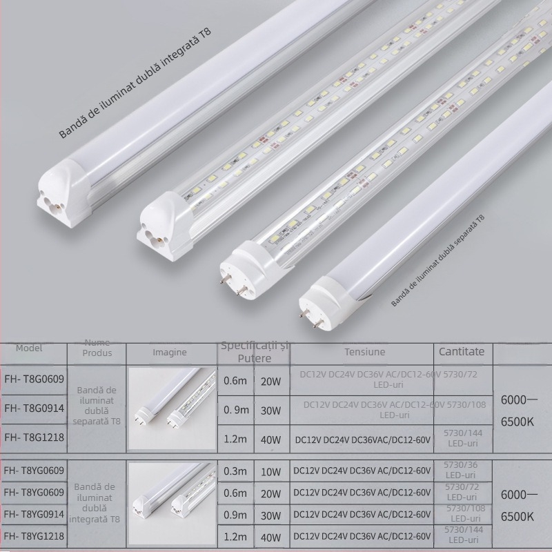 Tub LED cu tensiune redusă, intrare universală AC/DC 12–36V, corp din aluminiu-plastic integrat T5/T8, lungime 1,2 m, 18W, 72 LED