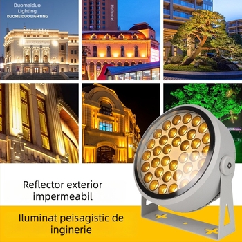 Lumină LED pentru copaci, exterior, rezistentă la apă, proiecție arc, reflector circular cu auto-curățare, 36 LED, 12–54W, carcasă din aluminiu gri, IP65, unghi de fascicul 45°, model JSL-1081