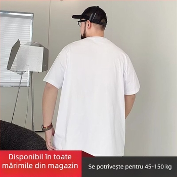 Tricou alb din bumbac pentru bărbați, mâneci scurte, croială lejeră, mărime mare, guler rotund, vară