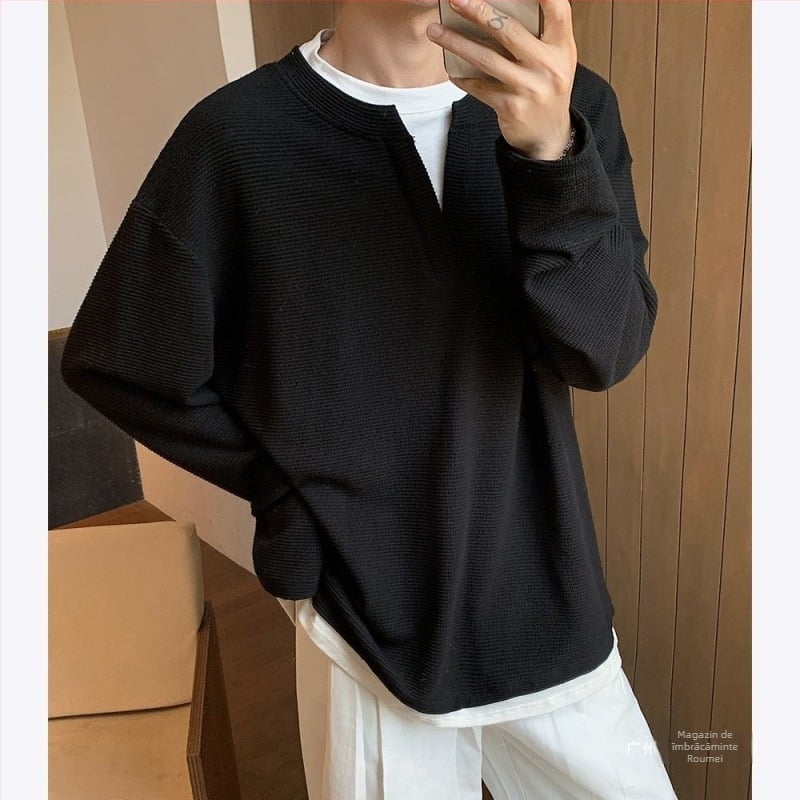 Bluza gri cu tricot în model waffle, efect faux two-piece, pentru bărbați, primăvară-toamnă, croială curată, stil retro american, țesătură grea, mâneci lungi