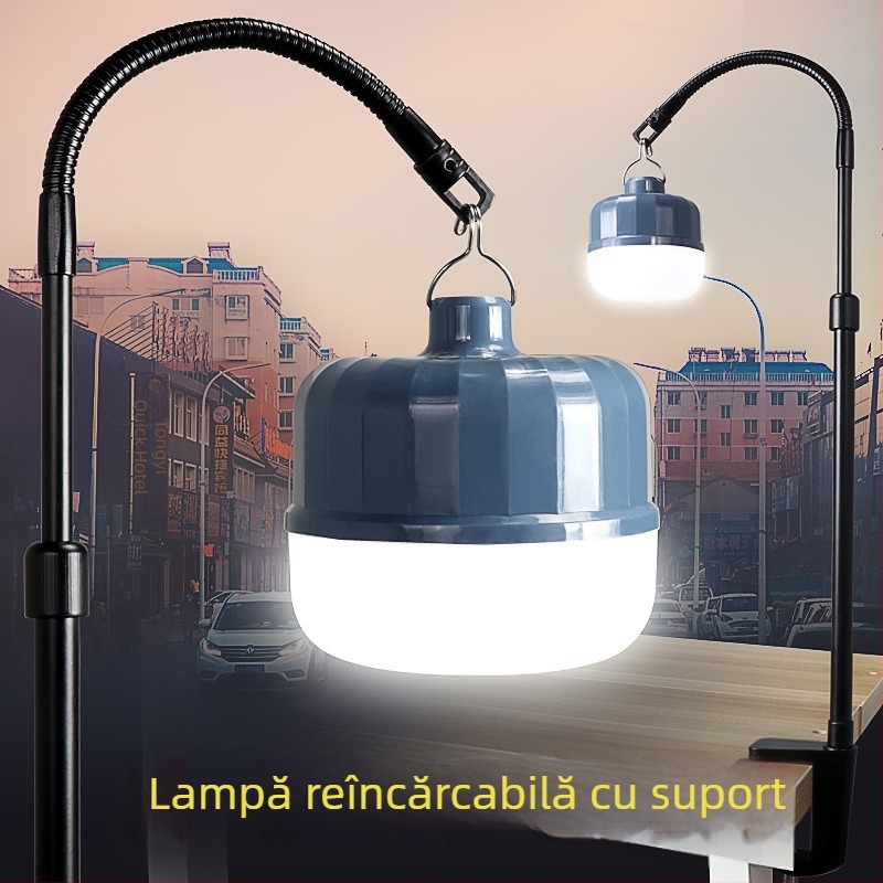 Lampă LED reîncărcabilă pentru standuri de noapte la târguri — iluminare de urgență, lampă cu clemă și braț telescopic