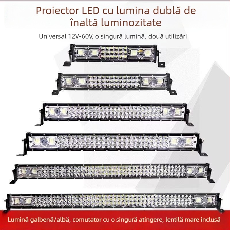 Bandă LED auto, două culori: galben și alb, proiector laser, 12V–24V, impermeabilă, grilaj cu trei rânduri pentru faza lungă și faza scurtă