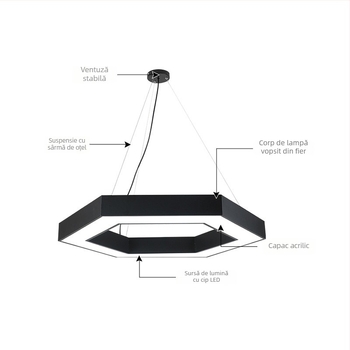 Lampă LED hexagonală suspendată pentru centre comerciale, săli de sport, cafenele Internet și birouri; iluminare de tavan foarte puternică