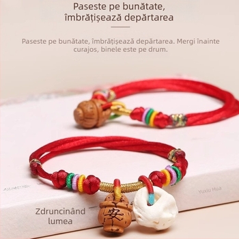 Brățară croșetată manual din sfoară roșie, cu element din lemn de piersic, pentru bebeluși – unisex, Festivalul Dragon Boat