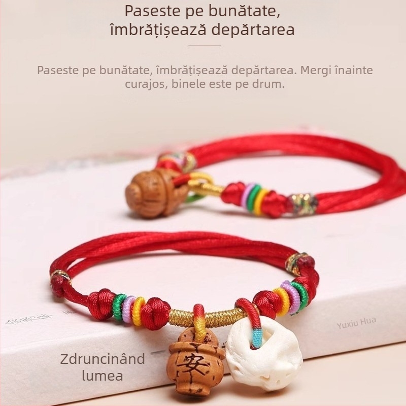 Brățară croșetată manual din sfoară roșie, cu element din lemn de piersic, pentru bebeluși – unisex, Festivalul Dragon Boat