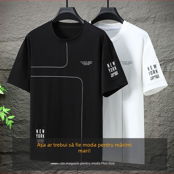 Tricou pentru bărbați, mărime plus, mâneci scurte, guler rotund, vară, croială lejeră, amestec de bumbac respirabil cu imprimeu geometric în dungi