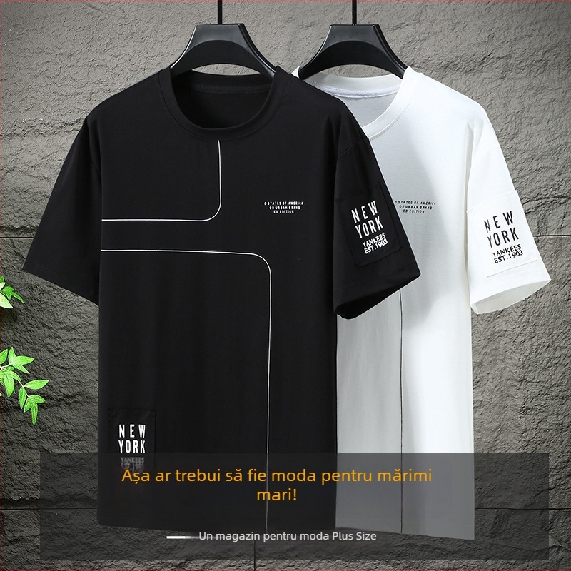 Tricou pentru bărbați, mărime plus, mâneci scurte, guler rotund, vară, croială lejeră, amestec de bumbac respirabil cu imprimeu geometric în dungi