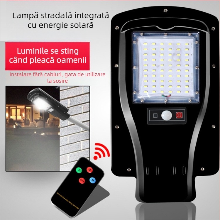 Lumină solară de perete pentru casă și grădină, lampă LED stradală integrată, pe un stâlp înalt, 60 LEDuri, 450 lm, aliaj de aluminiu, IP67