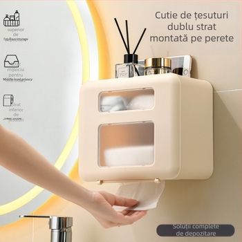 Cutie șervețele montată pe perete pentru baie, fără găuri, raft dublu de depozitare