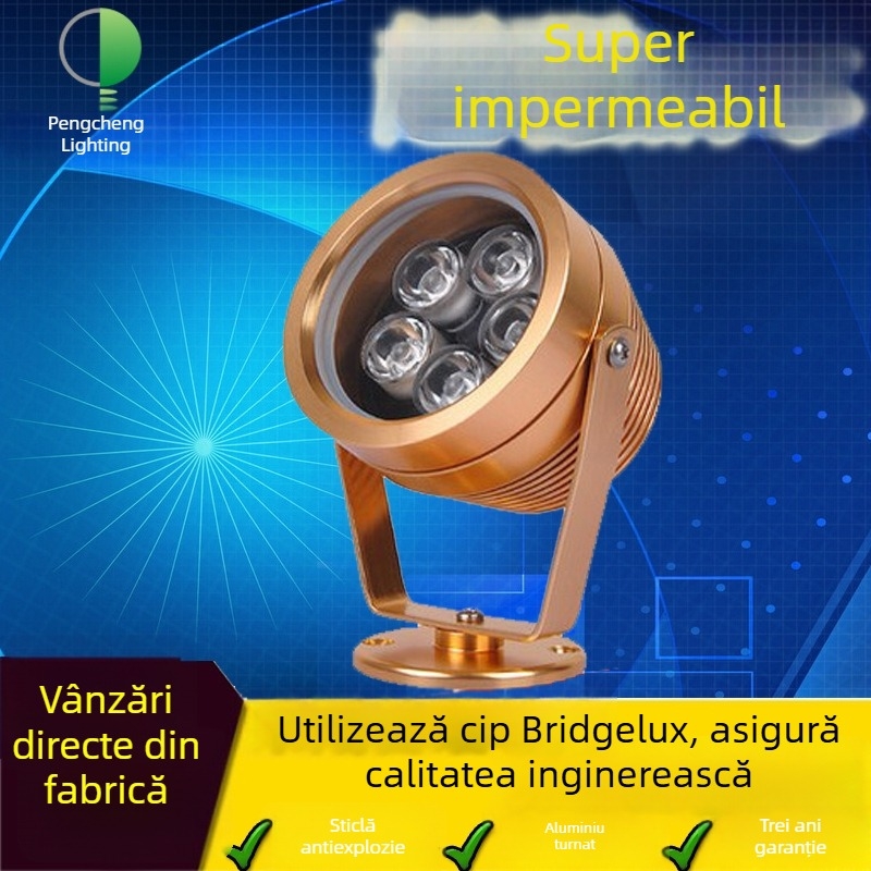 Proiector LED exterior rotund, rezistent la apă, iluminare de peisaj, finisaj din aluminiu auriu, 3W/5W