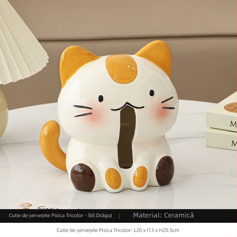 Cutie de șervețele din ceramică cu pisică calico, suport creativ de birou pentru sufragerie și dormitor, decor drăguț