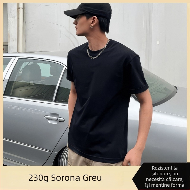 Tricou bărbați cu mânecă scurtă, guler rotund, croială Slim Fit, culoare solidă, poliester