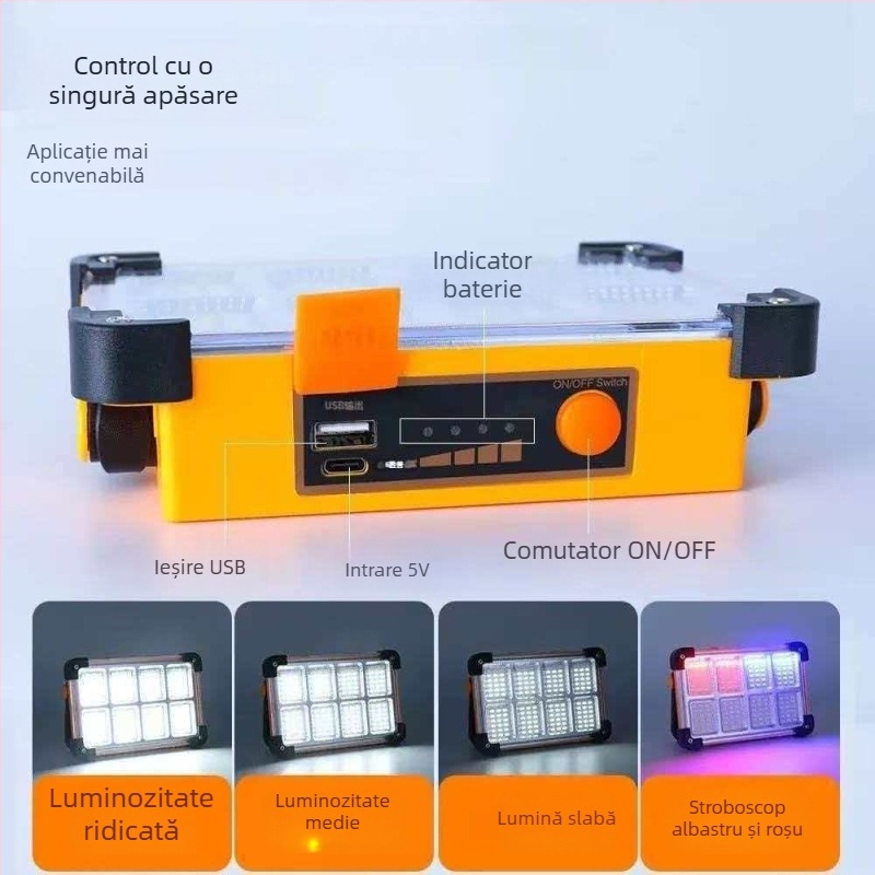 Lampă LED solară portabilă, multifuncțională pentru camping și iluminare de urgență în exterior