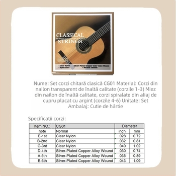 Sistem de corzi nylon pentru chitară clasică, set de 6, cu înfășurări din aliaj de cupru placat cu argint