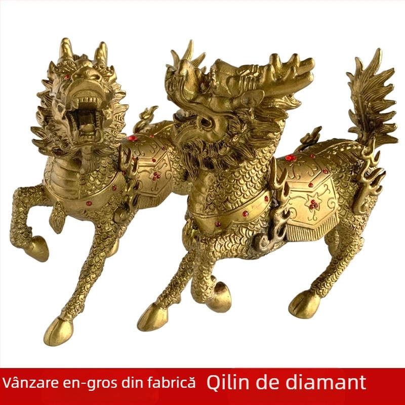 Pereche de ornamente Kirin din alamă, cu motiv diamant
