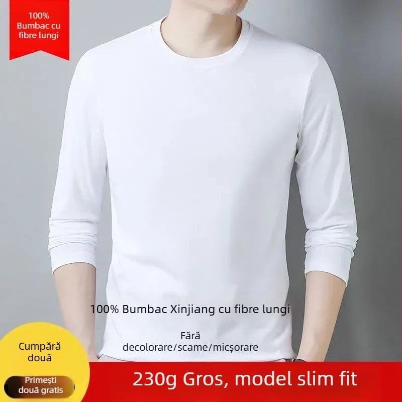 Tricou bărbat din bumbac gros, mânecă lungă, culoare solidă, croială slim, strat de bază pentru toamnă-iarnă, confortabil