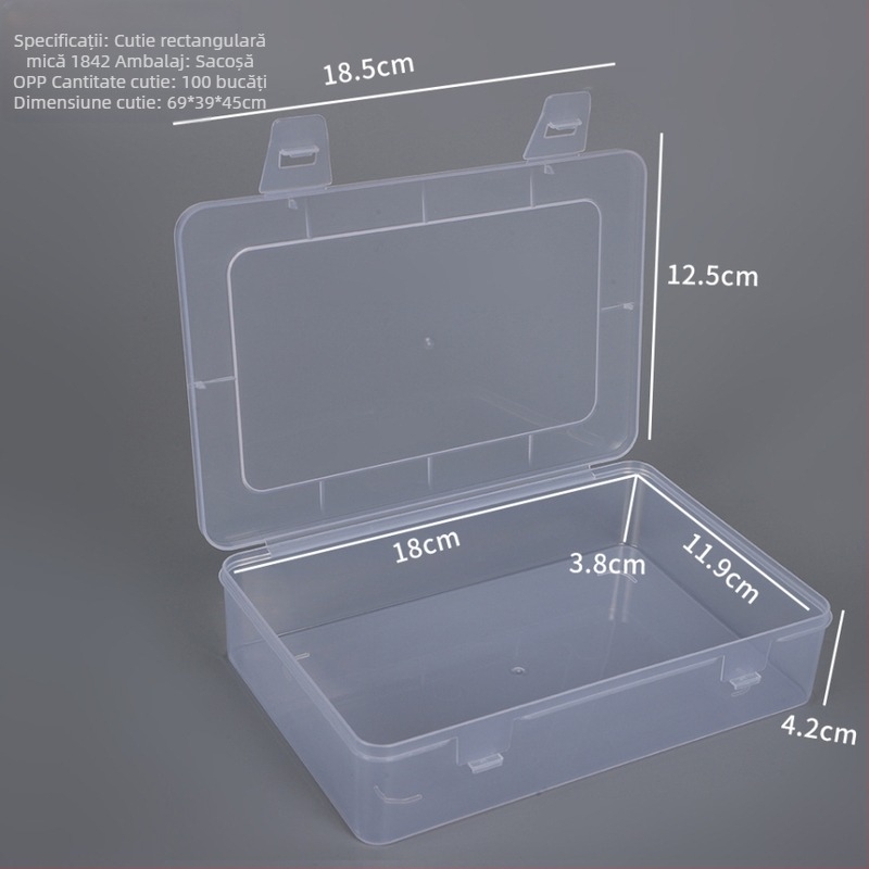 Cutie mică de depozitare din plastic, dreptunghiulară, cu capac, transparentă, 18.5 × 12.5 × 4.2 cm – cutie pentru prezentarea mostrelor