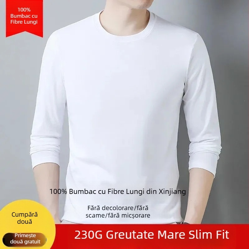 Tricou bărbătesc din bumbac, mâneci lungi, culoare solidă, guler rotund, croială slim, țesătură groasă, potrivit pentru toamnă-iarnă