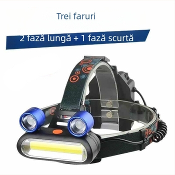 Frontala nouă cu fascicul larg, 3 LED, design frog-eye, COB, baterie litiu de înaltă performanță, compatibilă cu 3AA, încărcabilă