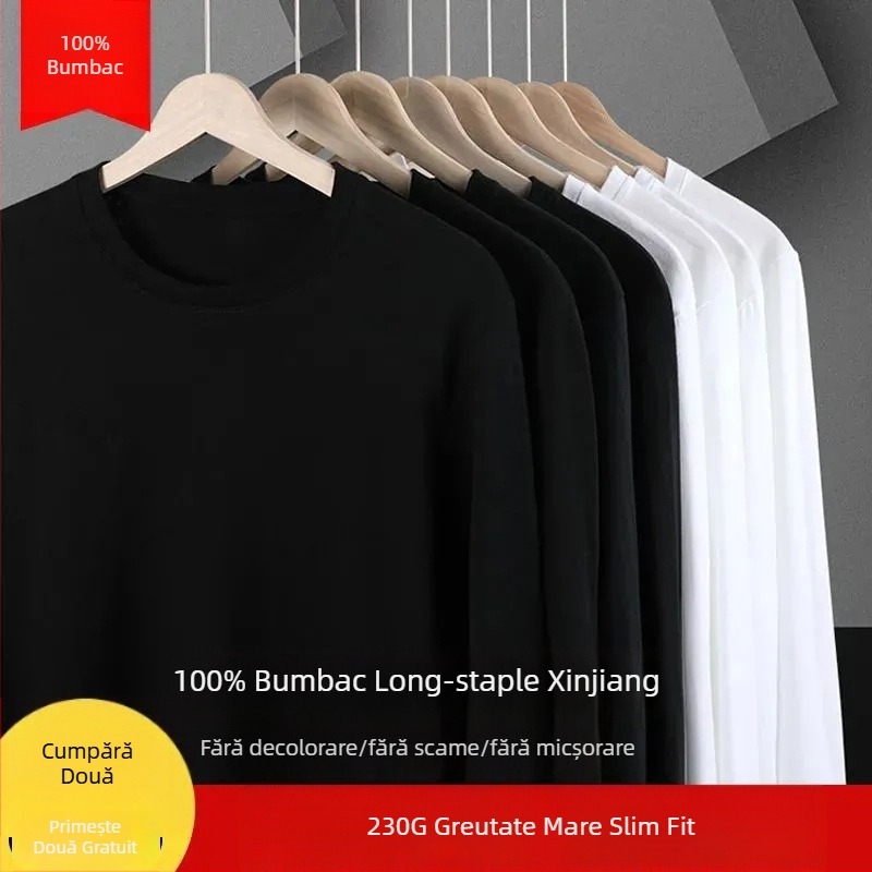 Tricou de bărbați cu mânecă lungă din bumbac gros, culoare solidă, ca strat de bază pentru toamnă-iarnă, confortabil.