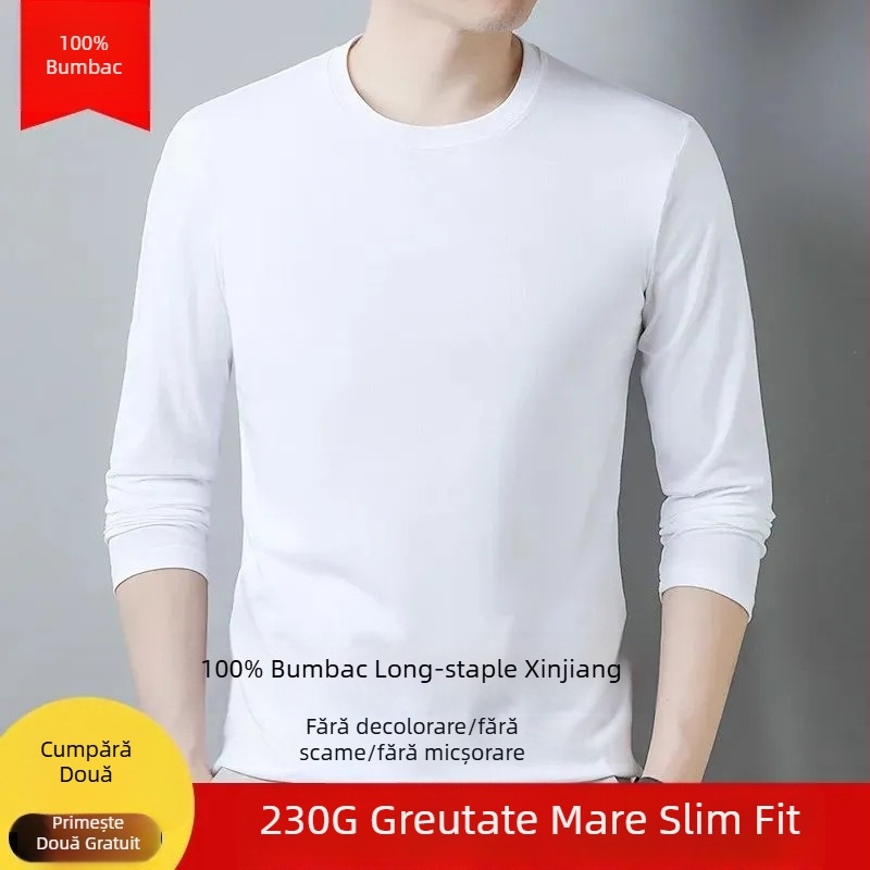 Tricou de bărbați cu mânecă lungă din bumbac gros, culoare solidă, ca strat de bază pentru toamnă-iarnă, confortabil.