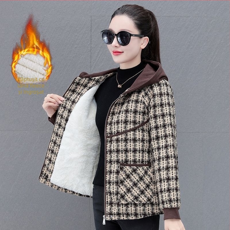 Palton damă cu glugă, în carouri tweed, căptușit cald și gros, croială scurtă, pentru toamnă-iarnă