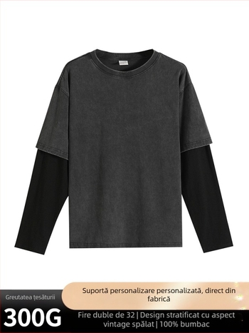Tricou de bumbac pentru bărbați, mânecă lungă, design color-block, țesătură 300 g, imprimeu vintage cu fulgi de zăpadă, croială lejeră