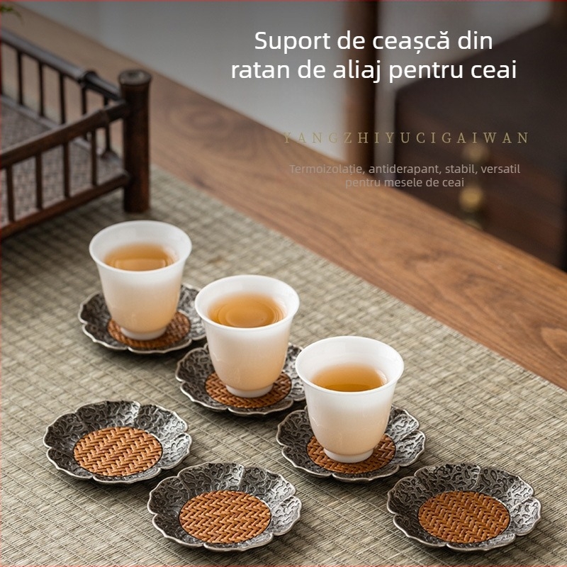 Suport de ceai din aliaj, textură de ratan, izolație termică, anti-alunecare, pentru ceremonii de ceai, stil chinezesc, dimensiuni 7,7 × 0,8 cm